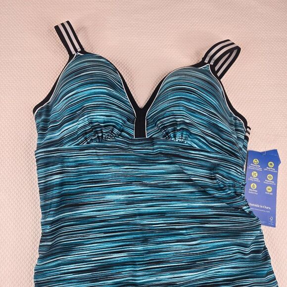 New Womens Size M Lagoon Stripe Tankini Swim Top Adj Strap Ruching Blue Black Sw - Picture 2 of 8